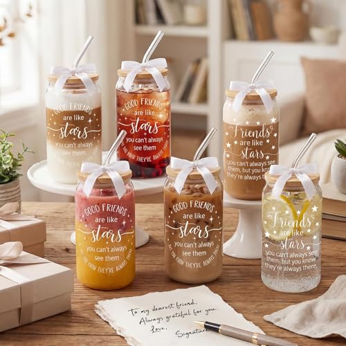 Glass Cups with Lids and Straws, 6Pack, 16oz, Quote Stars - style: Friendship