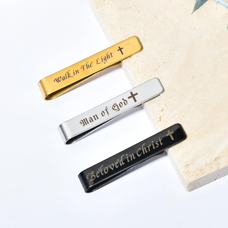 Man Of God Tie Clips 3 Set - Godfather Godson Christmas Engraved Gifts for Men Son Husband Dad Birthday Gifts from Wife - style: encouraging B set