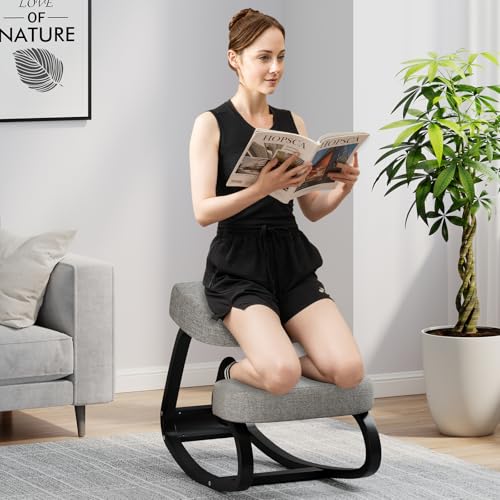 Goplus Ergonomic Kneeling Chair, Rocking Upright Posture Chair with Soft Seat & Knee Pads, Wooden Backless Knee Chair Relieves Neck Back Pain for Home Office Study, Gray and Black