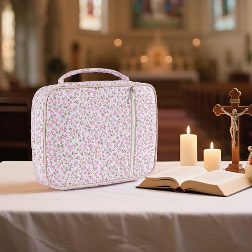 Bible Cover Case for Women Large Floral Bible Bag Organizer Quilted Study Supplies Accessories Carrying Cases for Girls Portable Tote Bag Christian Gifts - color: Pink Flower