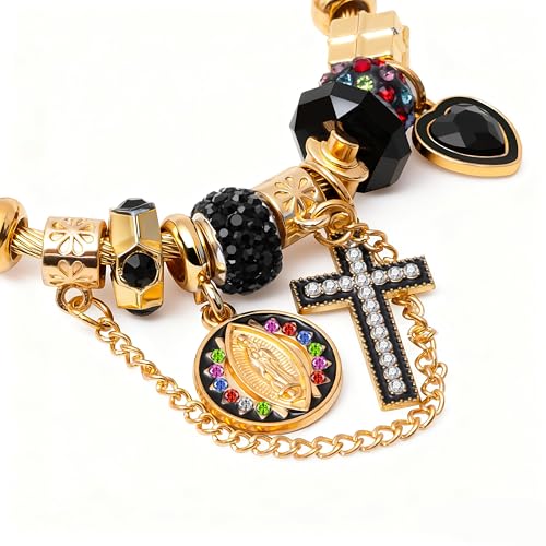 A&K Collections Mothers Day 18K Gold Beads Easter Basket Stuffers Bangle with Rhinestones Pandora Style Trendy Cross Heart Charm Luxury Adjustable Bracelet for Women Teen Girl Gifts Trendy Stuff Religious Jewelry - color: 18K GOLD/Black Charms