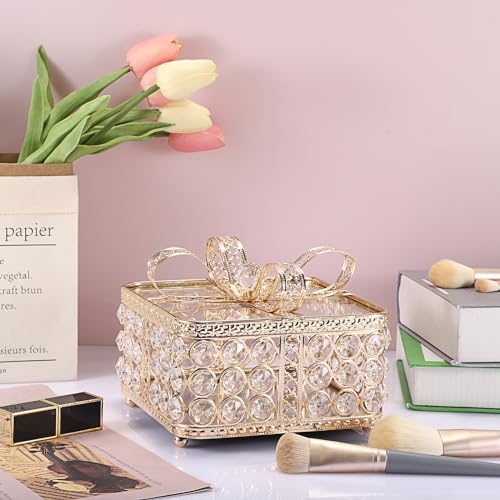 Hipiwe Crystal Mirrored Jewelry Box Gold Treasure Box Bow-knot Keepsake - color: Gold, size: Large