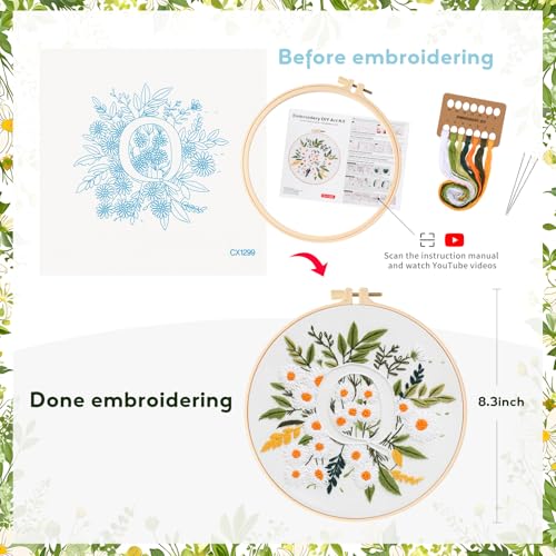 Zerzsy 7.87 '' Embroidery Kits Plant Flower Leaf English Letter Patterns for Beginners Adults, Easy to Learn Cross Stitch Kit for Home Office Decor - color: Letter Q