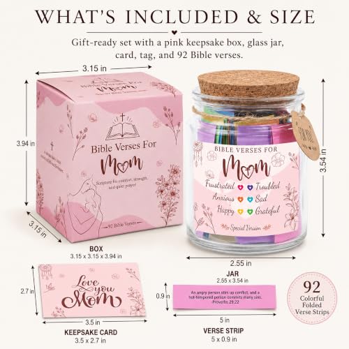 Bible Verse Jar for Mom – 92 Color-Coded Bible Verse, Birthday Gifts for Mom, Christian Gifts For Mom - color: Bible Jar For Mom