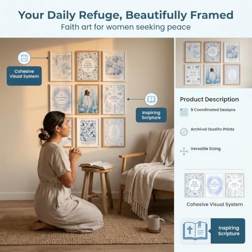 Festkulux 9PCS Christian Wall Art Decor Set - Blue Watercolor Floral Bible Verse Posters 8x10in, Jesus Scripture Wall Art Prints for Bedroom Bathroom Living Room Christian Gifts Women(Unframed)