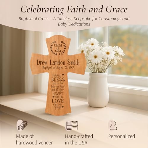 LifeSong Milestones Personalized Baptism Wall Cross - Engraved Cherry Wood Christian Cross with Name & Date, Child of God Blessing, Christening & First Communion Gift (Cherry, 8.5" x 11") - color: Cherry, size: 11"L x 8.5"W