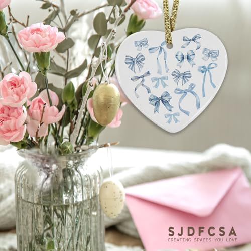Coquette Blue Bow Christmas Ornament, Trendy Preppy Blue Bow Hanging Heart Ornaments for Christmas Tree Holiday Party Decorations, Girly Xmas Decorative Ornaments Keepsake TCP - color: Bow-blue-2