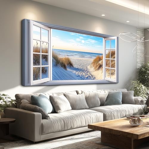 XIGUANGART Large Canvas Wall Art for Living Room Blue Ocean Painting for Bedroom Beach Pictures White Window Frame Style Nature Coastal Landscape Farmhouse Artwork for Home Office Hallway Decoration - color: Blue Beach Painting, size: 60"L x 30"W