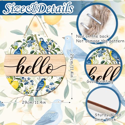 Whaline Spring Summer Wooden Hanging Sign Watercolor Floral Lemon Blue Bird Welcome Wood Sign Door Decor Signs for Indoor Outdoor Porch Wall - style: blue bird