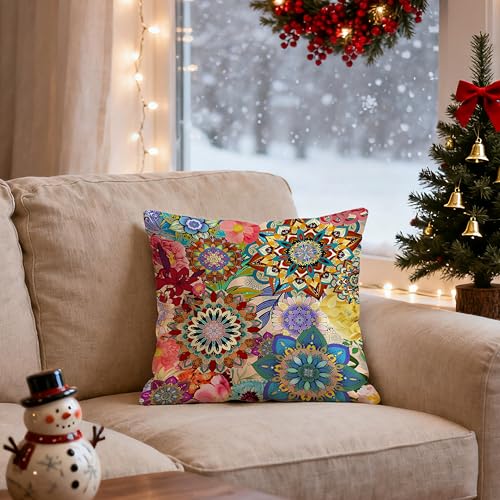 Boho Abstract Mandala Floral Pillow Covers 18x18, Art Nouveau Deco Decor, Vintage Folk Colorful Mandala Flower Decorative Throw Pillow Covers for Home Bedroom Living Room - color: Color-01