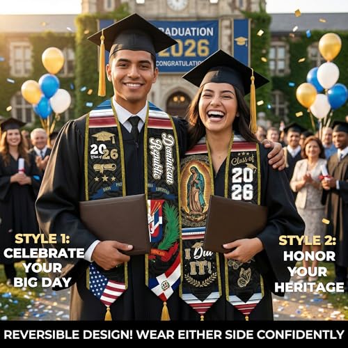 Graduation Stole Class of 2026 Reversible Sash with Gold Glitter Trim and Tassels V-Neck 72 Inch Satin - color: Dominican Republic & America