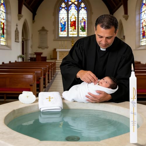Baptism Candle Set for Boy Girls - Baptism Kit Include Baptismal Candles, Towel and Shell. Vela para Bautizo, Christening Set Velas para Bautizo De Niño Baptismal Kit Gifts (Gold) - color: Gold