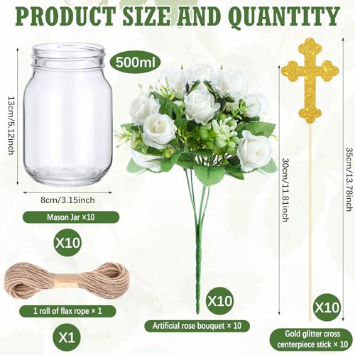 Uiifan 10 Sets Baptism Table Centerpieces with Clear Glass Mason Jars Glitter Gold Cross Cake Topper Sticks Artificial Fake Roses and Flax Rope for Wedding First Communion Party Decorations