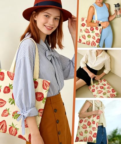Women's Canvas Tote Bags with Inner Pockets & Metal Snap, Reusable Tote Bag for Girl's Vacation Travel Gym Shopping - color: Red Strawberry