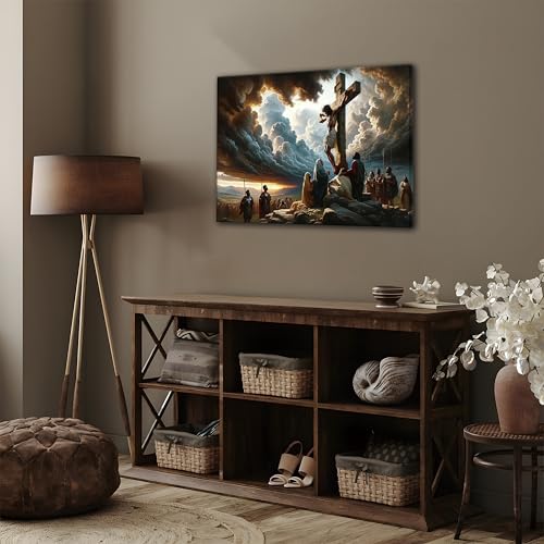 Yaneiro Framed Jesus Canvas Wall Art - Good Friday Wall Decor Paintings, Christian The Cross Poster Print Picture for Living Room Bedroom Church Decoration 12x16 inch - color: Warm Jesus 2, size: 16"L x 12"W