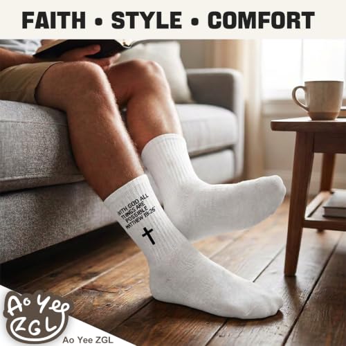 3 Pairs Christian Socks,Novelty Christian Easter Basket Stuffing - color: Matthew 19:26 - White