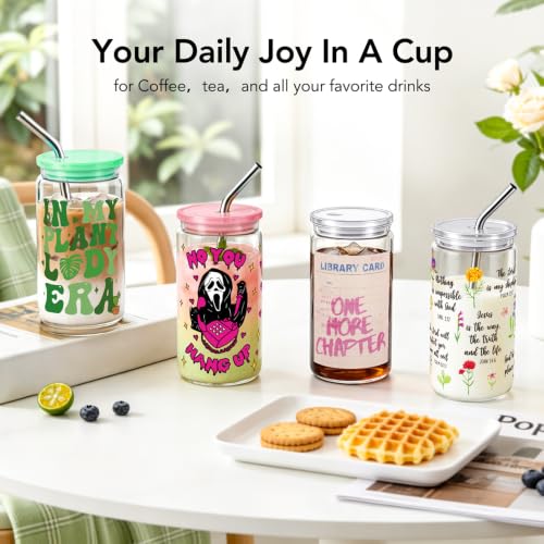 Christian Bible Verse Gifts for Women 16Oz Glass Cups with Lids & Straws, Wildflower Scripture Faith Religious Gifts for Friends, Mothersday Baptism Birthday Gifts for Church Friends Christian Women