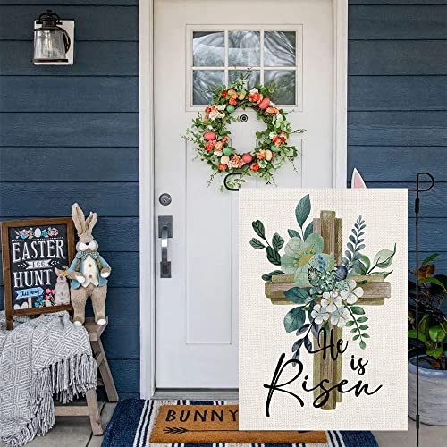 He Is Risen Garden Flag 12.5 x 18 Inch Happy Easter Cross Religious Decorative Double Sided Burlap Flag for Spring Easter Farmhouse Yard Holiday Decoration