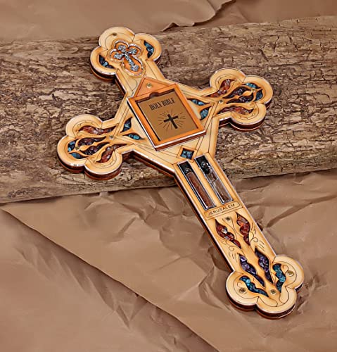 KARMA AND LUCK Ultimate Believer - Multistone Healing Crystals Cross Holy Water Bible Symbols Protection Wooden Wall Blessing Plaque, Bring Calm Peace, Multicolor, 11'' Height
