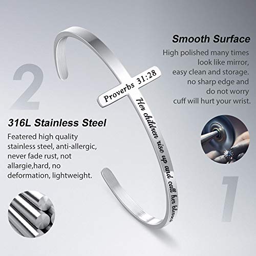 M MOOHAM Silver Cross Bracelet, Christian Gifts for Women - color: Her children rise up and call her blessed