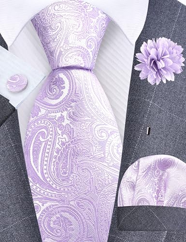 GUSLESON 3.15"(8cm) Mens Tie and Lapel Pin Paisley Necktie Hankerchief Cufflinks Set for Men - color: Lavender