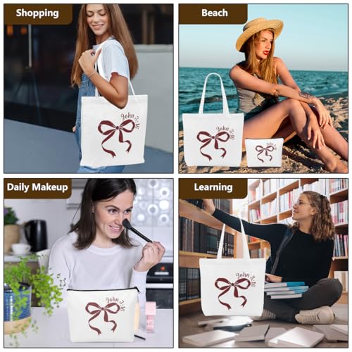 Christian Gifts for Women, Girls Preppy Bow Canvas Tote Bag Makeup Bag Set, Inspirational Bible Verse Religious Gifts Birthday Graduation Nurse Mothers Day Reusable Grocery Bags Travel Cosmetic Bags - color: Christianbow2