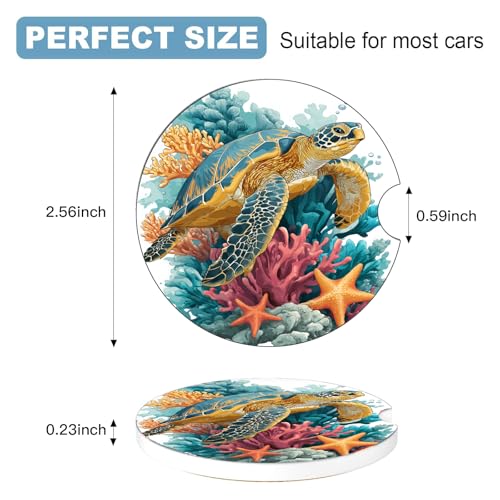 Ceramic Car Cup Holder Coasters Set of 2, 2.56 in Blue Turtle - color: Blue Turtle