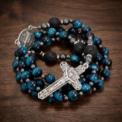 Nazareth Store Blue Tiger Eye Rosary Beads, Handmade Catholic Rosary Necklace with Lava Stone Beads and Our Father Crucifix, Five Decade Prayer Rosary, Religious Gift - style: St. Benedict