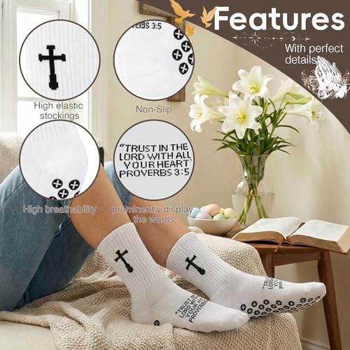 3 Pair Grip Christian Soccer Socks,Easter,Christmas Gift for Men - color: Proverbs 3:5 - White