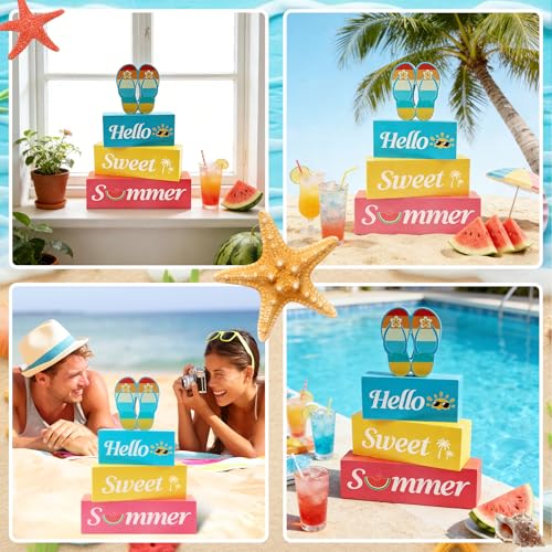 4 Pcs Hello Sweet Summer Wooden Block Sign Flip Flops Table Centerpiece Summer Tiered Tray Decor Farmhouse Table Sign Beach Decor for Home Office Desk Shelf Mantel - style: Flip