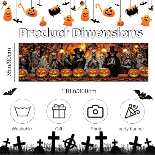 Skeleton Halloween Fence Banner 118 x 35 Inch, Large Outdoor Halloween Banner with Skeletons, Ghosts, Pumpkins, Lanterns & Fall Leaves for Yard, Porch, Fence Party Decorations - color: 276-1