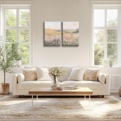 YSDPIC Wildflower Botanical Wall Art Decor 16x24 Inch Set of 2 Landscape Field Wall Art Pictures Farmhouse Prints Landscape Painting Countryside Artwork for Living Room Bedroom Wall Decor - color: Wildflower Field, size: 16"L x 24"W