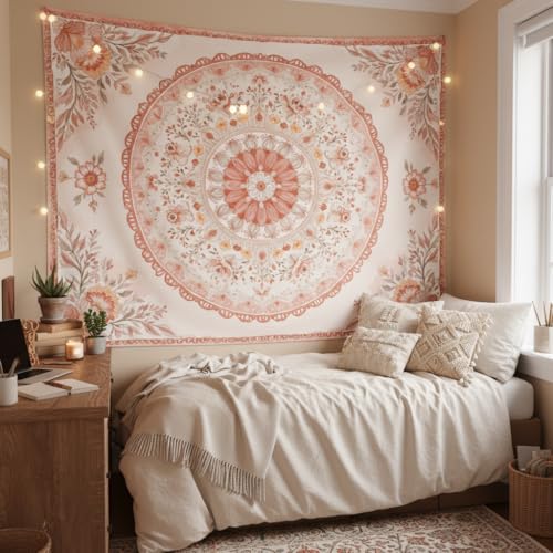 Motanber Pink Mandala Tapestry Wall Hanging Boho Floral Tapestry Aesthetic Watercolor Flower Medallion Cute Large Tapestries for Bedroom Living Room Dorm Decor 80 x 60 Inch - color: Peach Pink, size: 80"L x 60"W