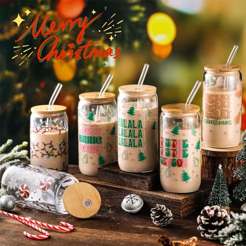 SiliFine 6 Pcs Christmas Glass Cups, 16 oz with Lids and Straws - style: Candy Cane