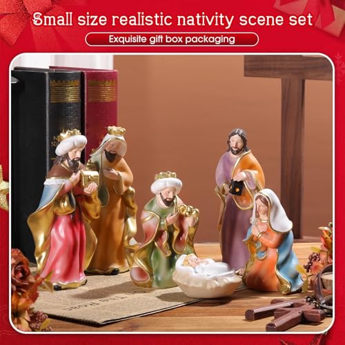 Cinnvoice 11 Pcs Christmas Nativity Gift Set Resin Nativity Scene Figurine Set 7 Holy Family Statue for Indoor Decoration Jesus Manger Sculpted Religious Gift for Xmas Family Home Tabletop