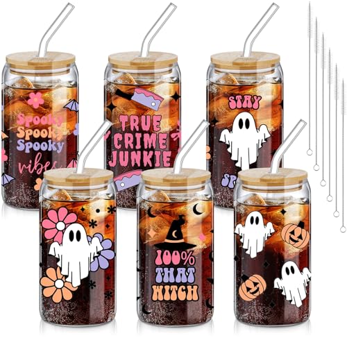 SiliFine 6 Pcs Halloween Glass Cups, 16 oz with Lids and Straws - style: Ghost