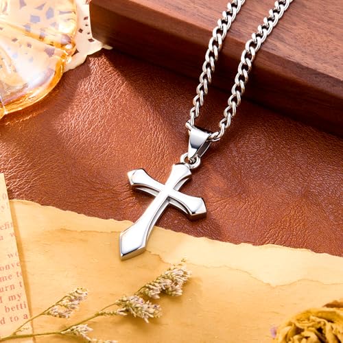 ALEXCRAFT Gold Cross Necklace for Men,14K Gold Plated Cross Pendant Necklace Cuban Chain Stainless Steel Cross Necklace Faith Cross Jewelry Gift Minimalist Trendy Pendant Necklaces - color: Silver