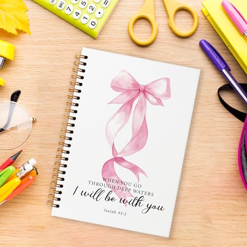 Grace Yonks Pink Bow Inspirational Bibles Journal Notebook, A5 Christian Spiral Notebook, Aesthetic Composition Book for Girls, Preppy School Supplies, 5.8" x 8.3" with 80 Pages(030)