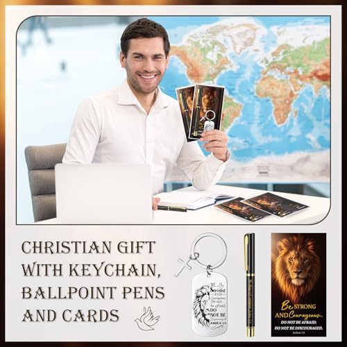 Gueevin 48 Sets Be Strong Christian Gifts for Fathers Day Bulk, Bible Verse Keychain Pen Card Gift Set for Men Dad Pastor Church (Be Strong)