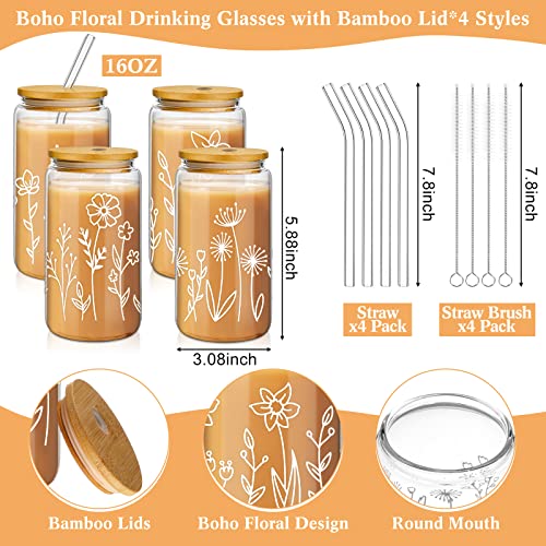 Mumufy 4 Pack Boho Floral Glass Cup, 16 oz Tumbler Mug with Bamboo Lid - style: Boho Floral
