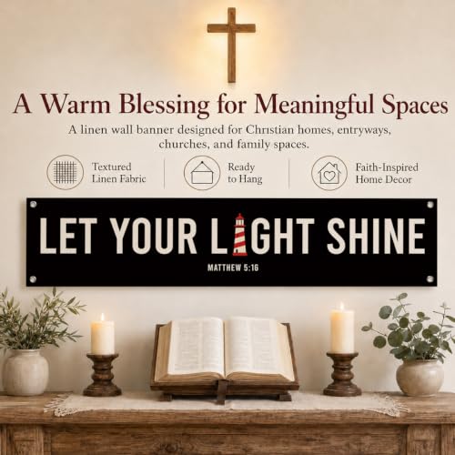 Faith Home Decor Banner, Let Your Light Shine Hanging Sign for Porch Front Door Wall Entryway, Bible Verse Matthew 5:16, Christian Decoration, Living Room Wall Decor, 48 x 9 Inches - color: color_name03