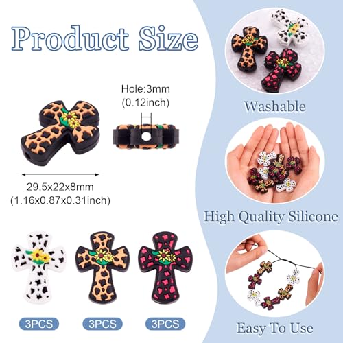 Beadthoven 9Pcs Cross Silicone Focal Beads for Pens Sunflower Leopard Silicone Beads for Keychain Making Mixed Rosary Cross Shaped Spacers for Jewelry Making DIY Crafts Supplies Summer - color: Mixed 3 Colors
