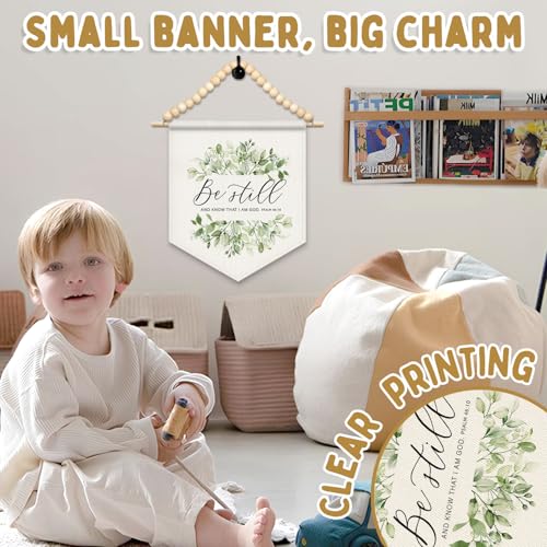 FLVGE Christian Office Decor, Be Still and Know That I Am God Canvas Banner, Boho Wood Beads Sage Green Eucalyptus Leaf Christian Wall Art Decor Hanging Pennant Flag for Office Room,11x14 - color: 04- Bible (Christian Office Decor 02)