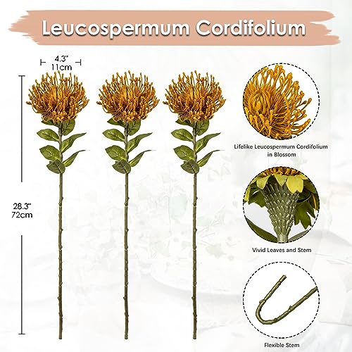 Hollyone 3Pcs Yellow Artificial Mums for Outdoors Fall Flowers Fake Fall Mums Spider Mum Flower 28.3'' Long Stem Faux Chrysanthemum Flower Arrangement Pincushion Bouquet Autumn Decorations for Home - color: Yellowish-orange
