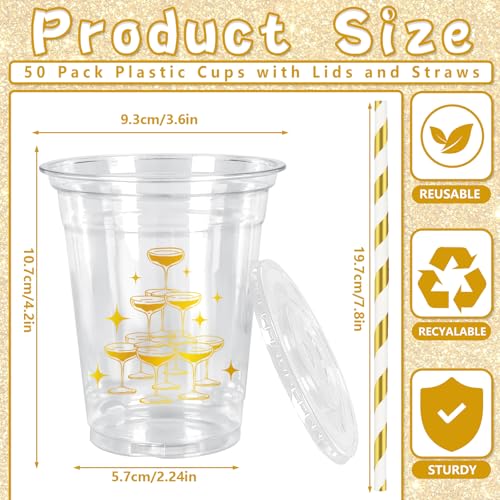 JarThenaAMCS 50Pcs Wedding Plastic Cups with Lids Gold Foil Straws Cheers Coffee Drinking Cup 12oz Gold Goblet Bachelorette Party Disposable Cups for Bridal Shower Bride Shower Anniversary