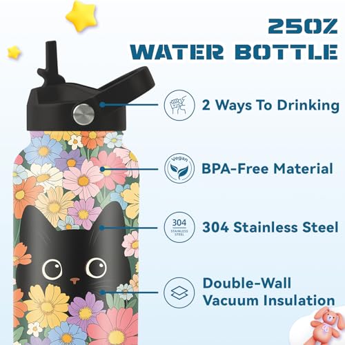 Gifts for Cat Lover, 25oz Black Cat Water Bottle with 2 Lid & Straw - Cats Flowers Insulated Water Bottles, BPA-free Leakproof Sports Waters Bottle for School Travel, Gift Cup for Cats Mom Dad - color: Black cat