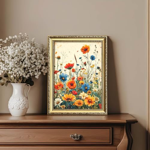 Vintage Gold Framed Floral Canvas Wall Art, Colorful Botanical Floral Wall Decor Oil Painting, Rustic Farmhouse Cottagecore Decor Art Print Picture Poster for Living Room Bedroom Home 12x16 Inch - color: A-Flowers, size: 16"L x 12"W