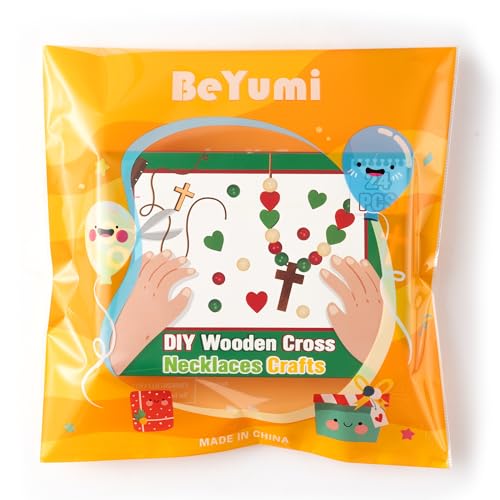 BeYumi Wooden Cross Necklace Craft - 24Pcs Christmas Wooden Cross Beads Necklace Craft Kit for Kids DIY Xmas Gift Christian Nativity Religious Jesus Decor Sunday School Classroom Party Fun Activities - style: Christmas