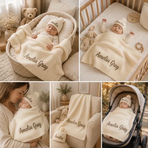 Personalized Baby Blanket & Beanie, Organic Cotton, Embroidered in USA - color: Terra Cotta