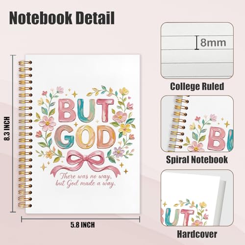 Pink Floral Bow Christian Spiral Notebook Journal 5.5x8.3in, Faith Journal for Women, But God Inspirational Religious Bible Hardcover Notebook for Church Study Work Office - color: But God Inspirational Religious